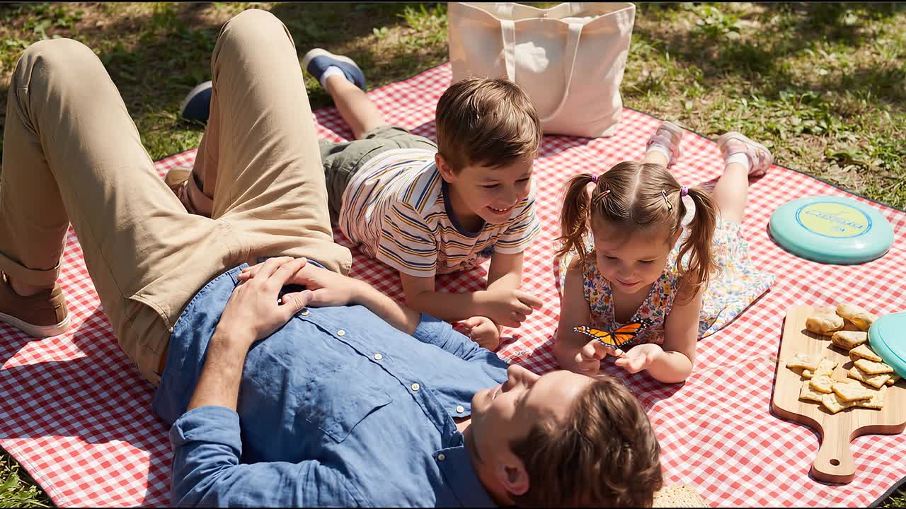 Far og børn nyder picnic sammen, smiler og leger på et rødt ternet tæppe udendørs.