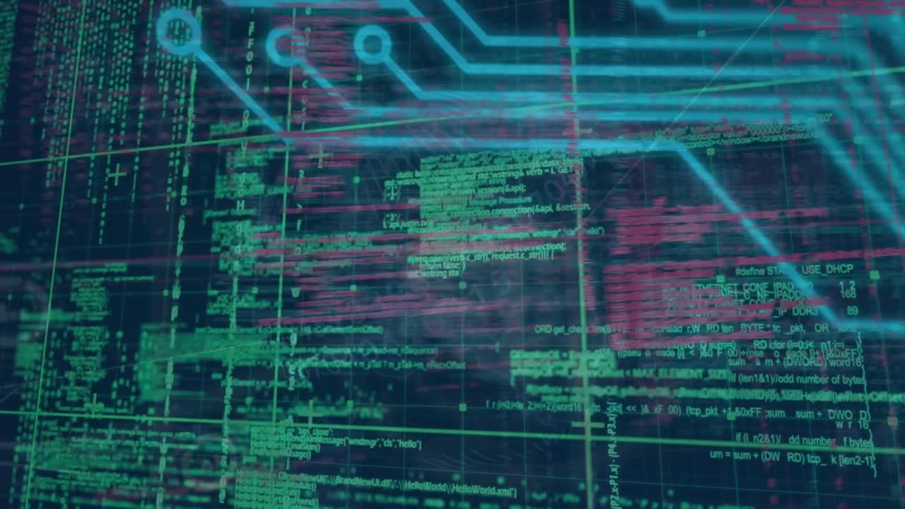 Animation of data processing with connecting dots, hud elements on digital interface