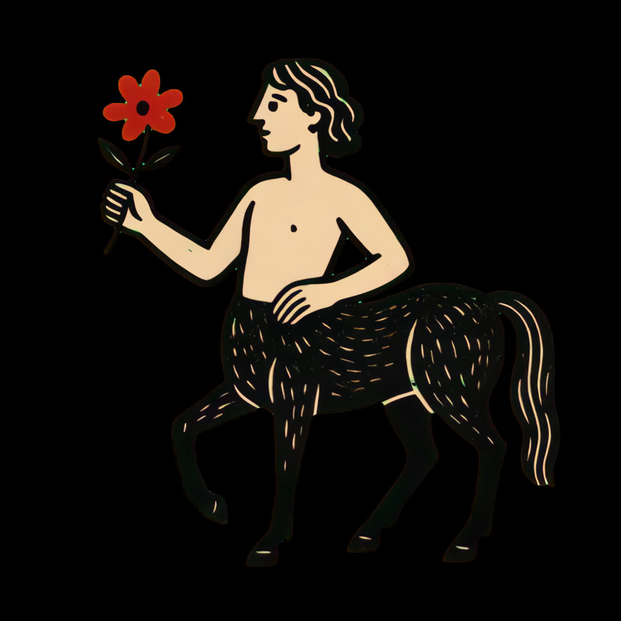 Centaur holding red flower animation isolated asset, transparent 4K video, alpha channel, ProRes