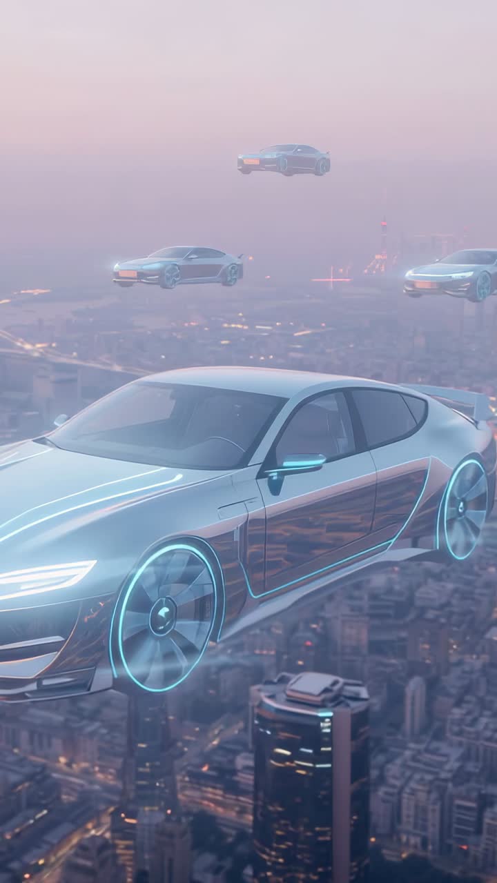 Vertical video: Appearing neon car guiding three more into diamond form over city, neon wheels