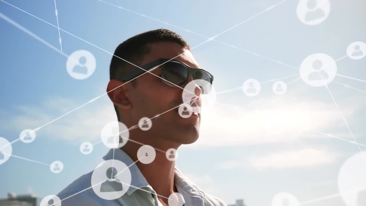 animación de la red de conexiones sobre el hombre en la playa