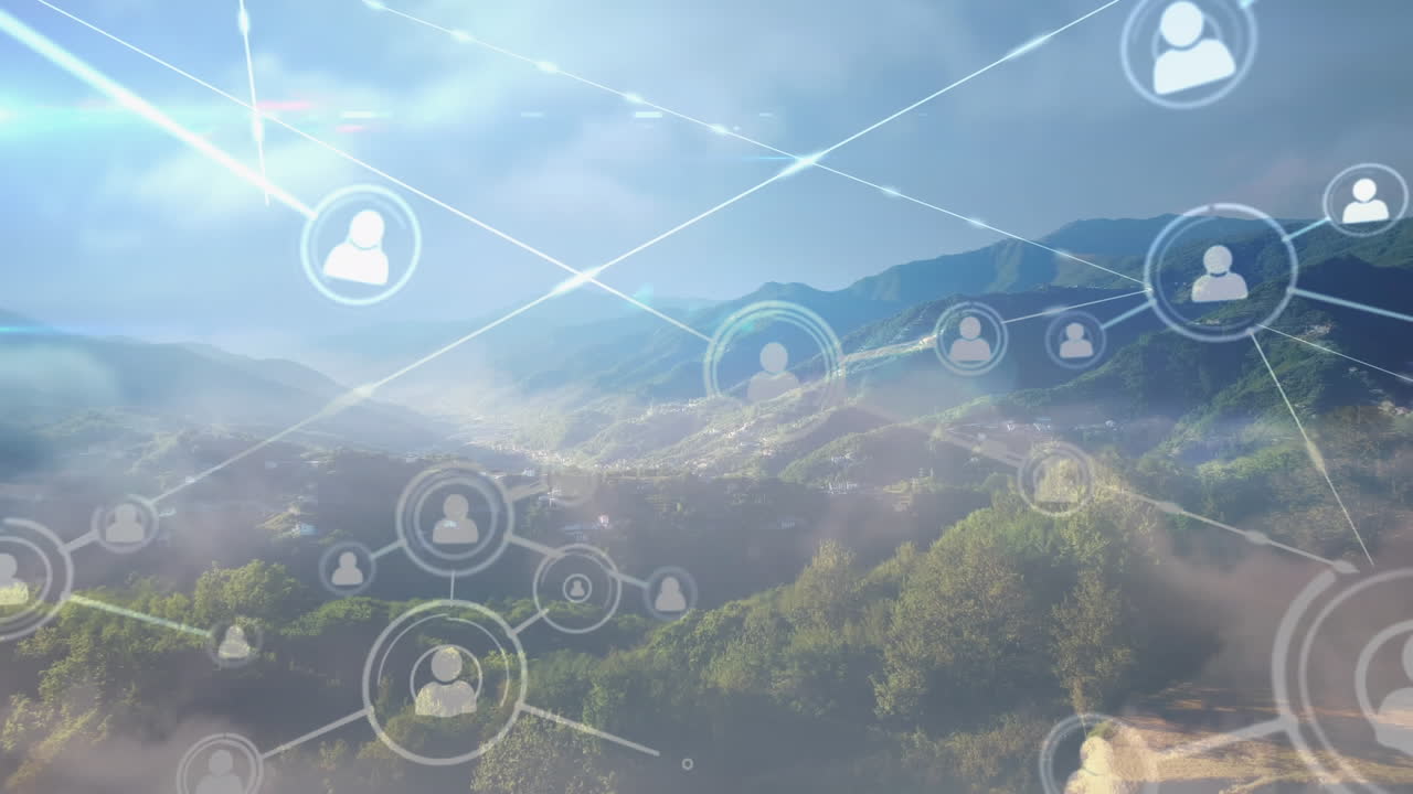 animación de la red de iconos de personas conectadas, sobre un hermoso paisaje rural