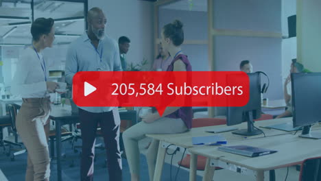 diverse office team discussing near desk with subscriber count animation overlay