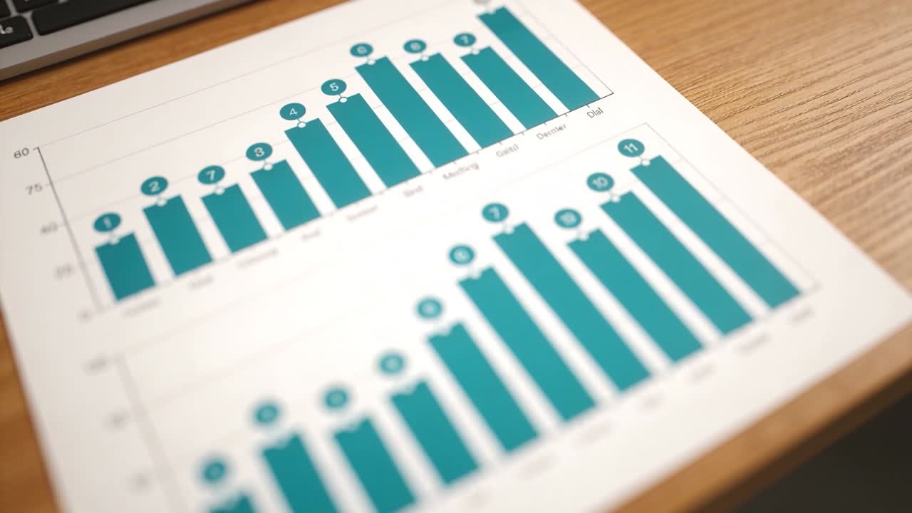 Moving camera capturing paper showing two teal bar charts on desk near laptop, revealing detail