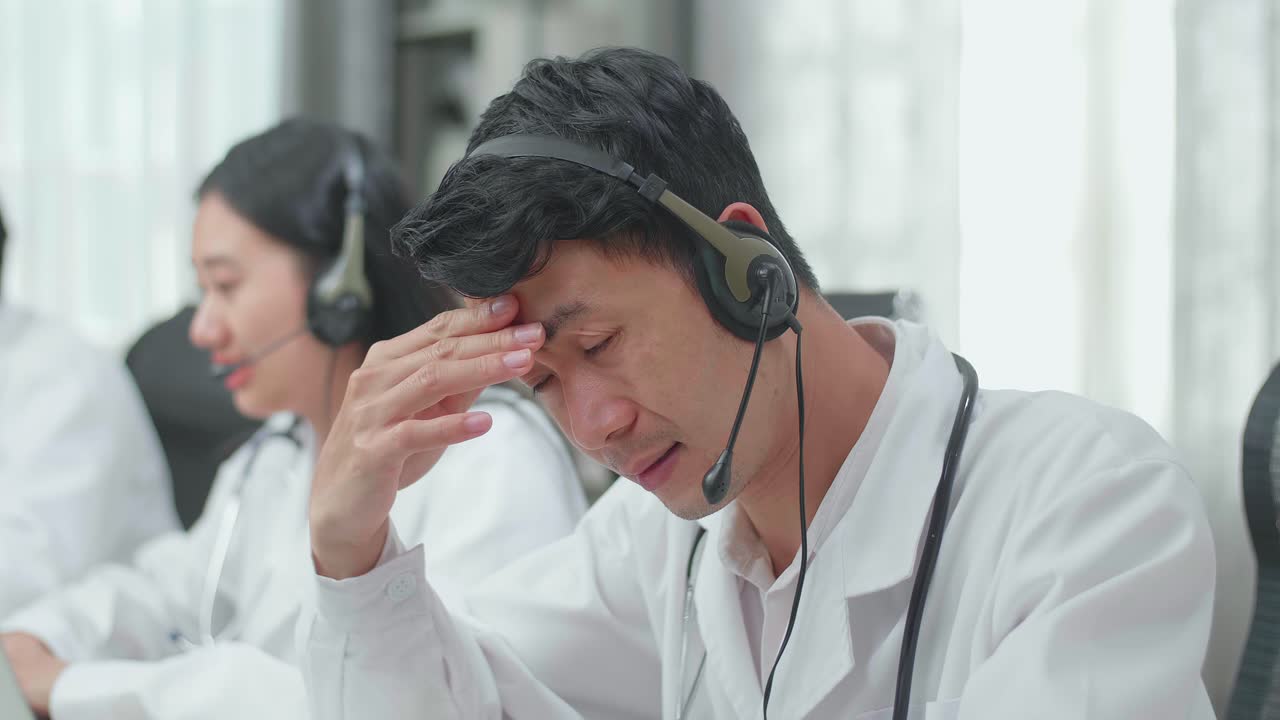 Close Up Of An Asian Man Doctor Wearing Headsets Working As Call Center Agent Is Tired Due To Working While His Colleagues Are Speaking And Typing During A Call At The Office
