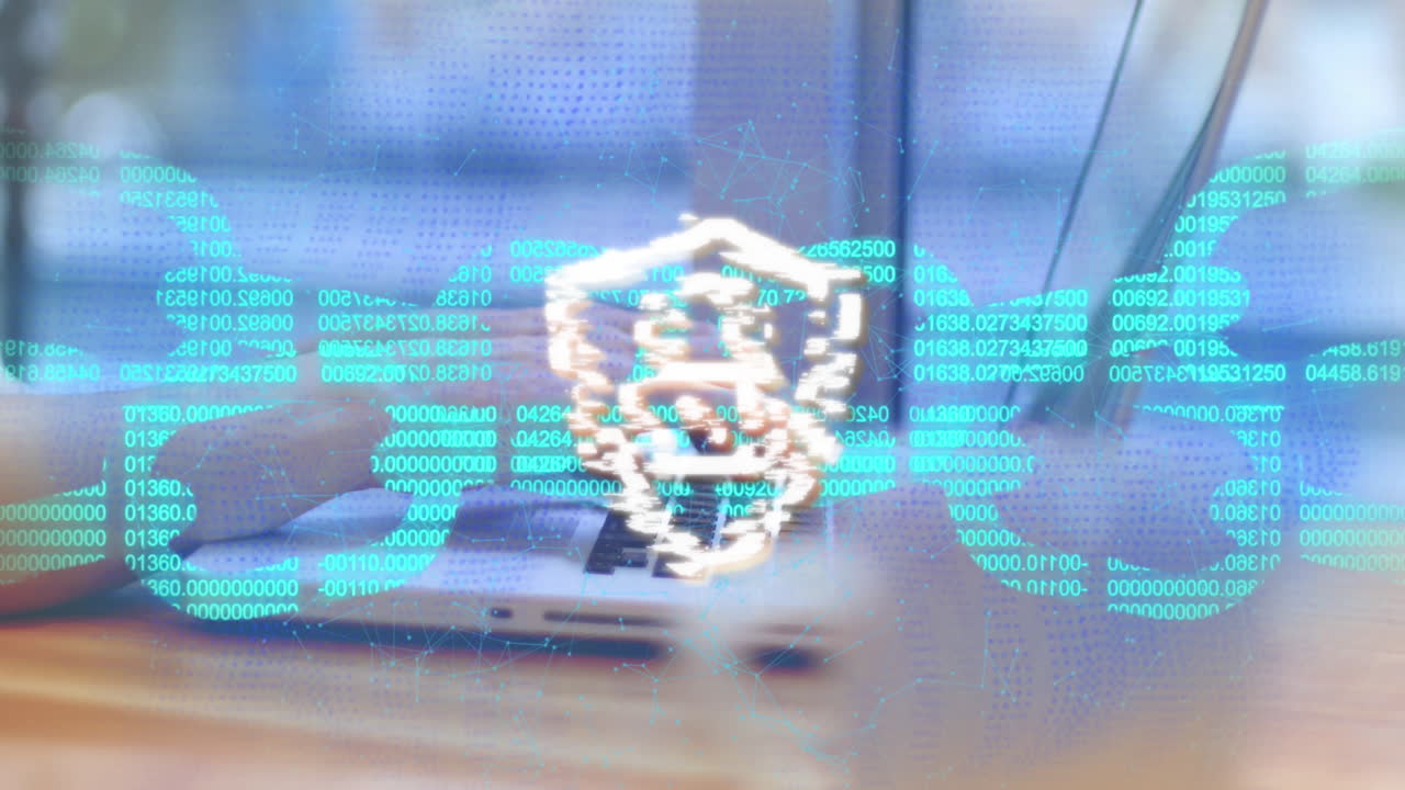 Animation of padlock in shield, numbers in blockchain, connected dots, cropped hands using laptop