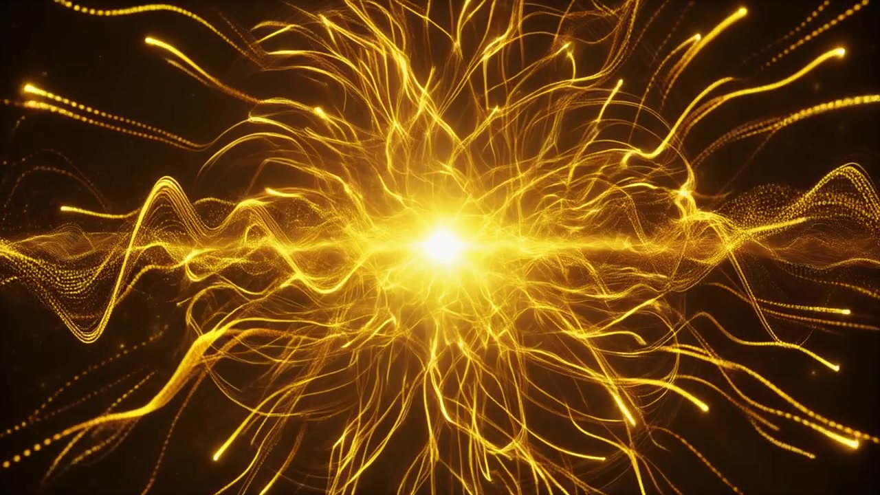 Particelle di luce dorata astratte e onde di energia fluenti