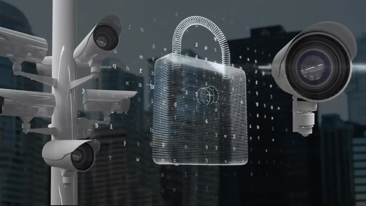 Animation of online security padlock and cameras recording over cityscape in the background.