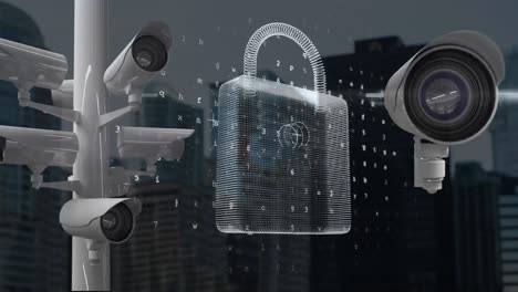 animation of online security padlock and cameras recording over cityscape in the background.