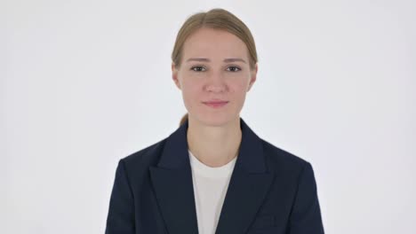 inviting young businesswoman on white background