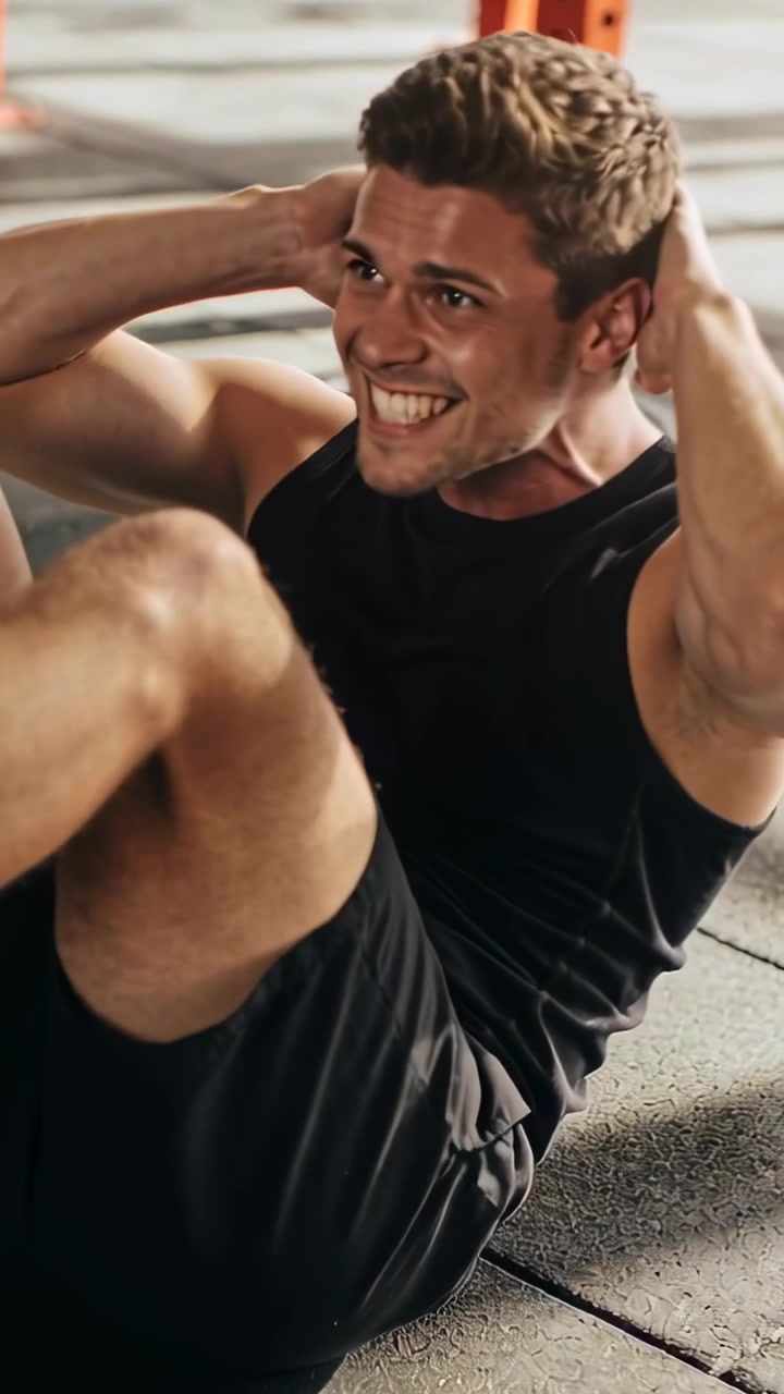 Video verticale: Da sdraiato con le mani dietro la testa, uomo che fa crunch a bicicletta in palestra per gli addominali, in nero