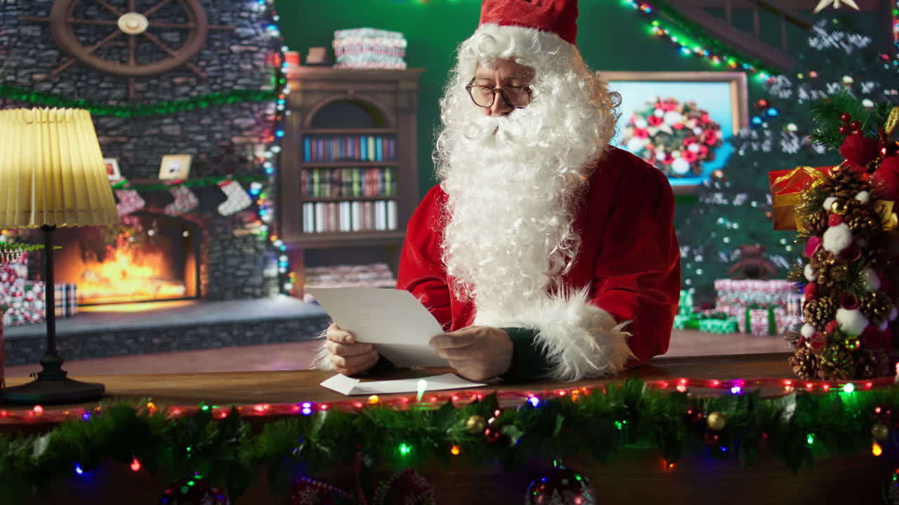 Santa Claus Reading Letters by the Fireplace