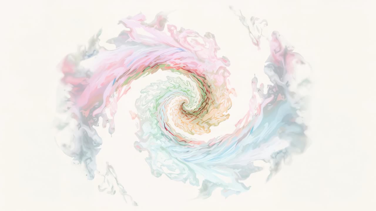 Rotating pastel spiral vortex from core on pale canvas elongating bands and wisps making calm swirl