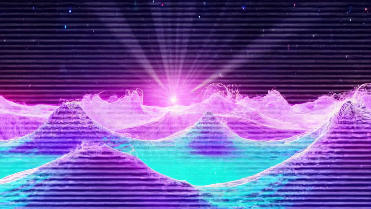 Pulsing magenta sun emitting beams over cyan-purple waveform with scanlines in starry void