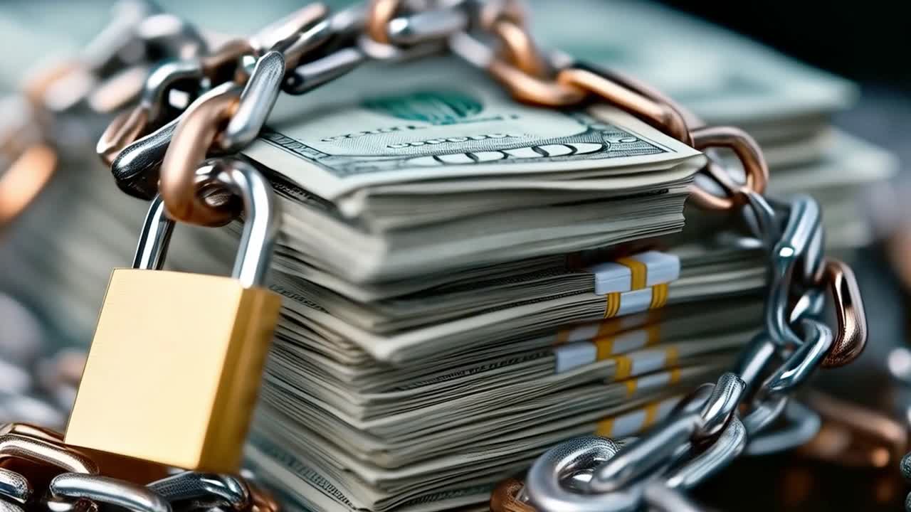 Money security with padlock and chain