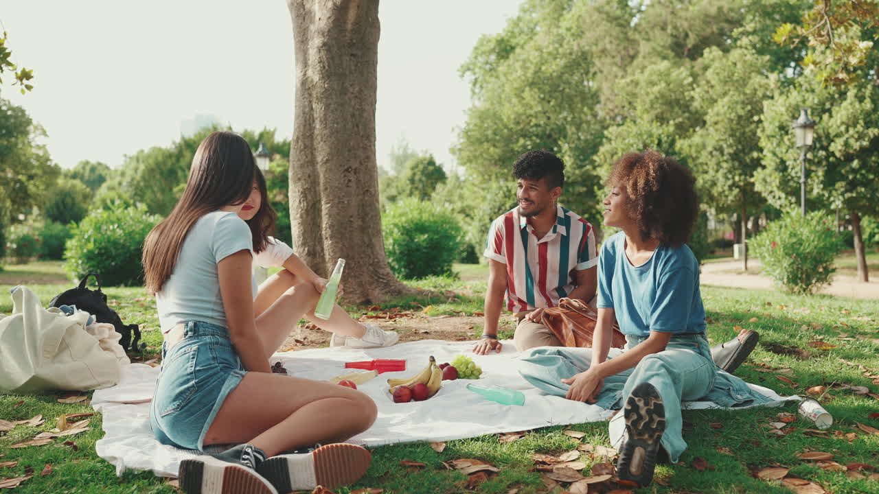 Des amis en train de faire un pique-nique dans le parc.