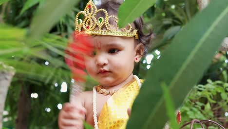 Adorable-Bebé-Vestido-Como-Dios-Hindú-Krishna-Linda-Expresión-Facial-Jugando-En-El-árbol-En-Janmashtami