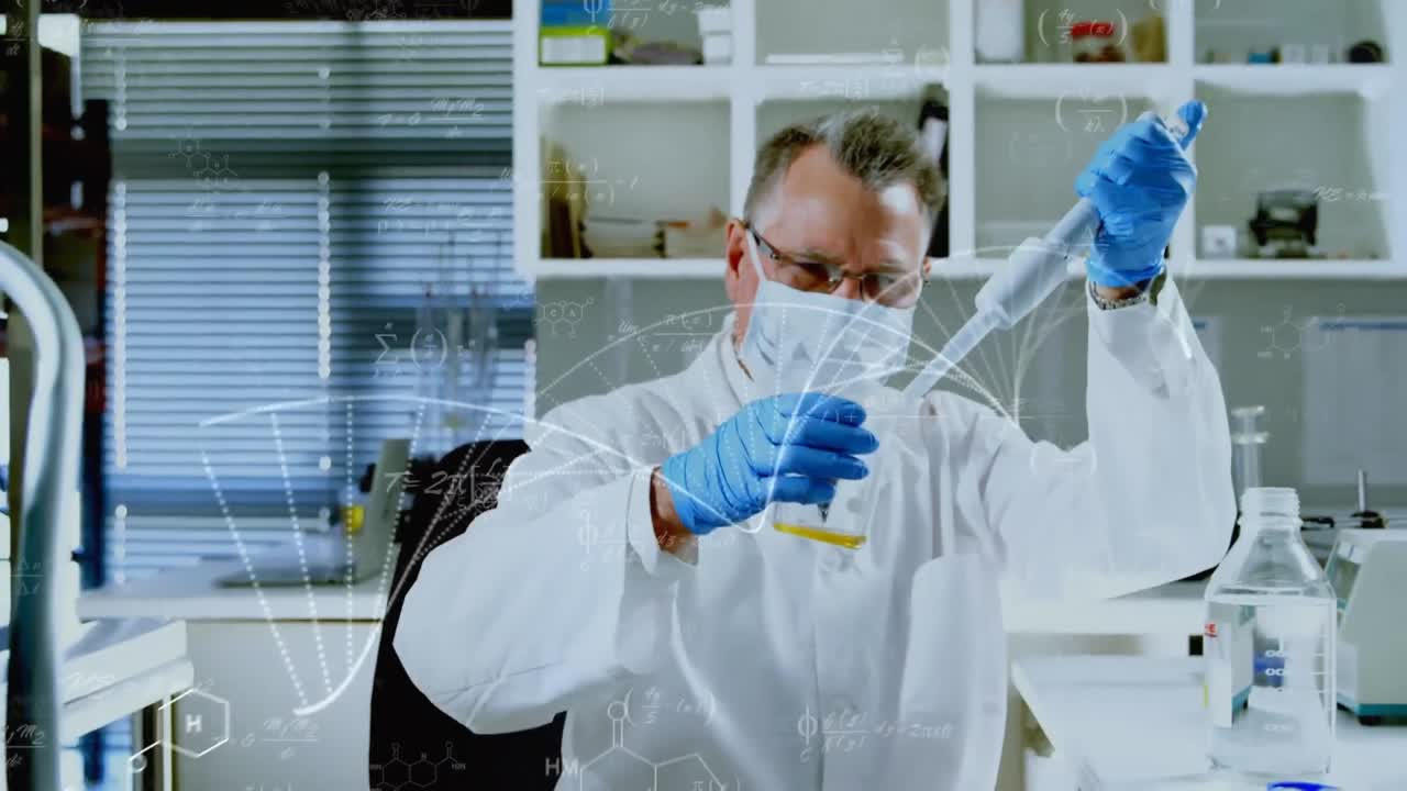 데이터 프로세싱 및 dna 구조의 애니메이션 - 연구실에서 일하는 백인 남성 과학자