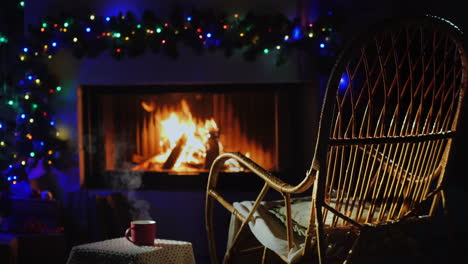 Rocking-Chair-By-The-Fireplace-Decorated-For-Christmas-Next-To-A-Cup-Of-Hot-Tea