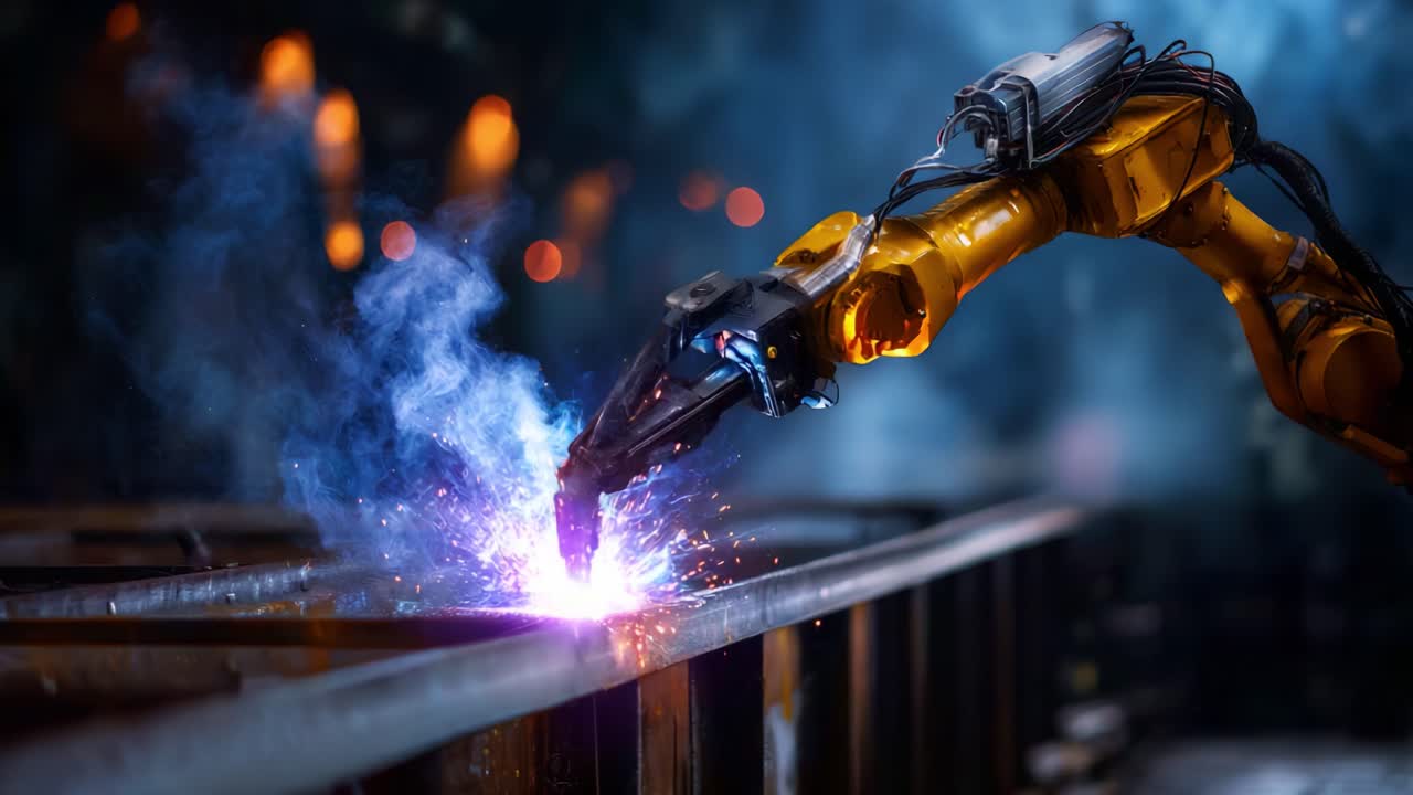Advanced Robotic Arm Performing Precision Welding in an Industrial Environment, Creating Sparks and Smoke Amidst a Dark and Energetic Backdrop of a Factory Setting