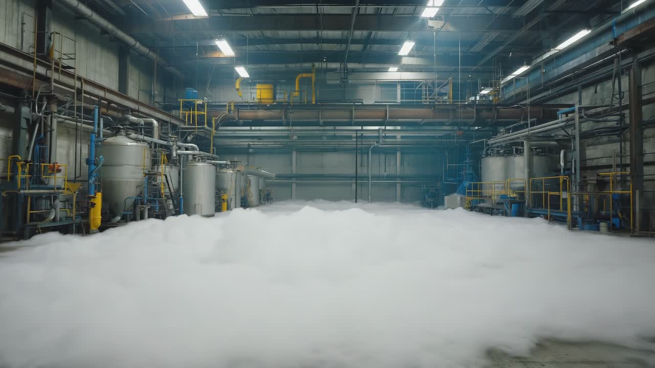 Industrial factory filled with fog