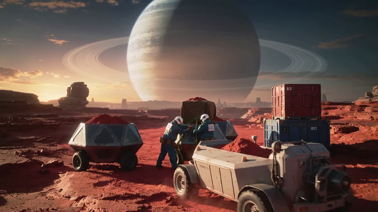Inspecting crate urging suited crew loading regolith into pod and boarding rover under ringed world