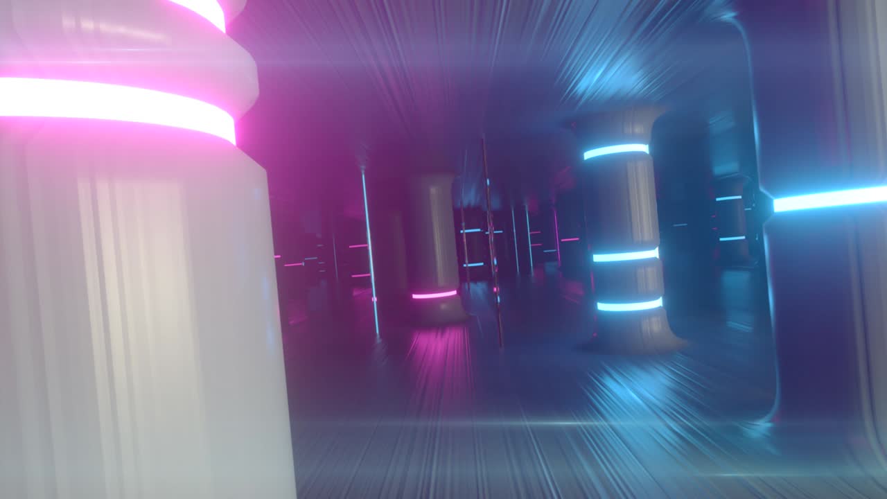 네온 유리 기둥과 기둥을 따라 미래의 복도를 날아. 현대적인 자외선 네온 빛. 원활한 루프 3d 렌더링