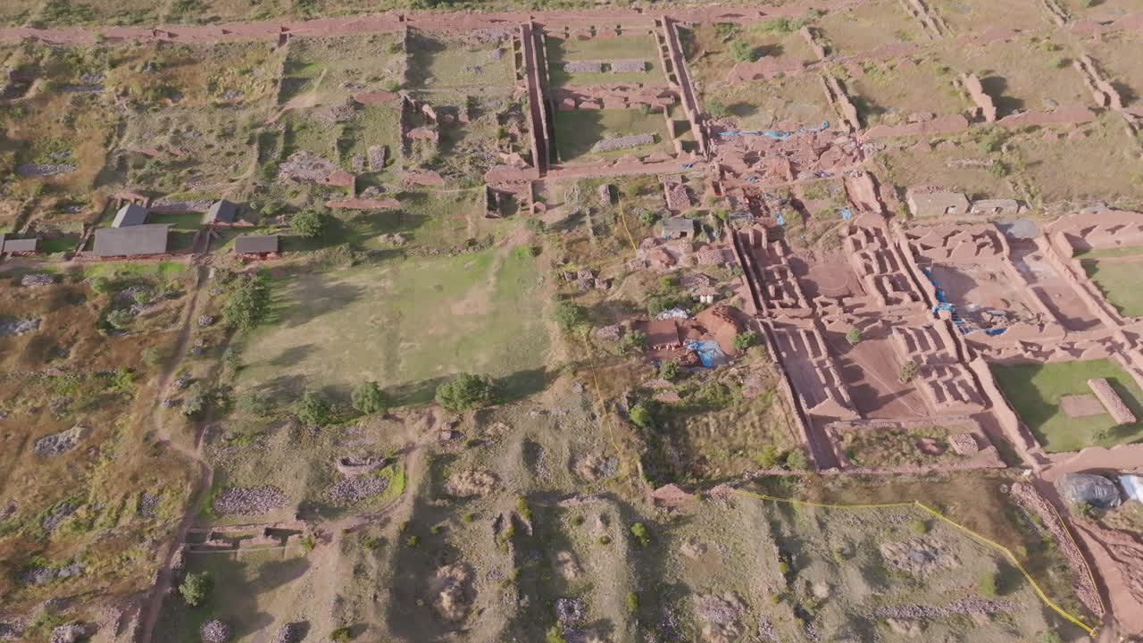 Aerial View of Ancient Archaeological Ruins and Terraces