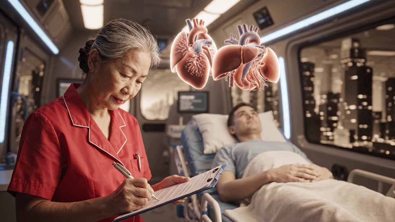 En medfølende sygeplejerske overvåger en patient i et futuristisk medicinsk miljø med hjerteillustrationer fremhævet til uddannelse og pleje i sundhedssektoren.