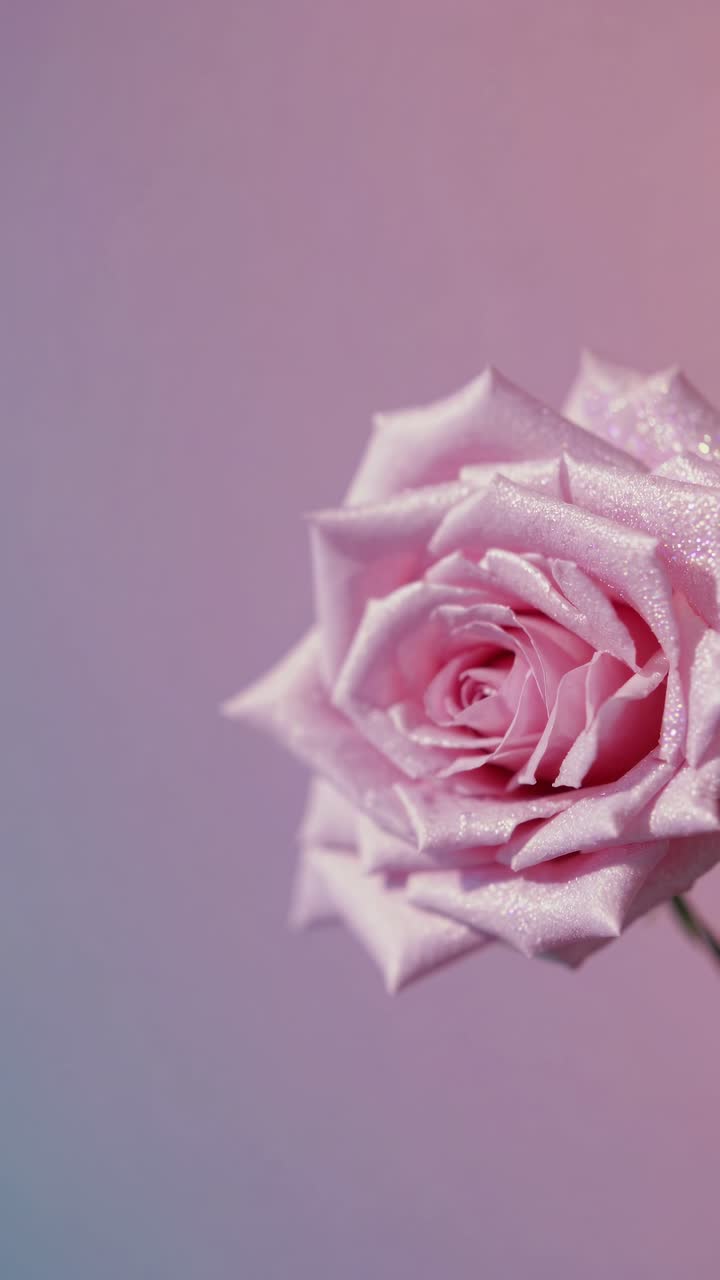 Primo piano di una rosa rosa rugiadosa su uno sfondo con gradiente delicato, ripresa da un angolo laterale, perfetta