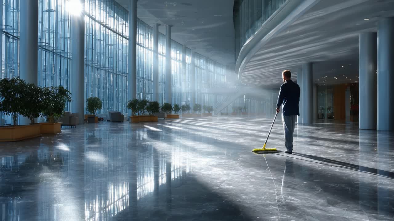 A Solemn Janitor at Work in a Modern Atrium, Engaging in Routine Maintenance Under Soft Natural Light and Reflections on Polished Surfaces