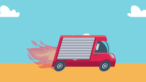 delivery service van and flames animation
