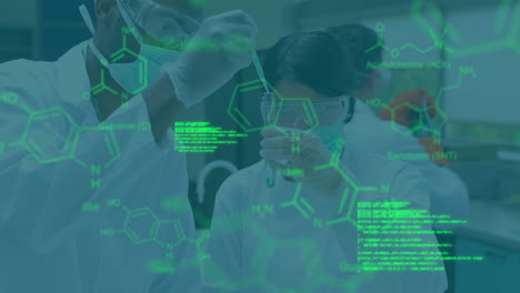 animación de fórmulas químicas y procesamiento de datos en diversas trabajadoras y trabajadores de laboratorio