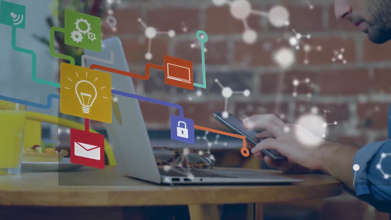 노트북과 스마트폰을 사용하는 코카서스 사업가에 대한 연결 네트워크의 지구상의 애니메이션