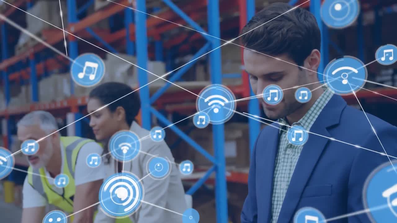 animación de la red de conexiones con iconos sobre diversas personas que trabajan en el almacén