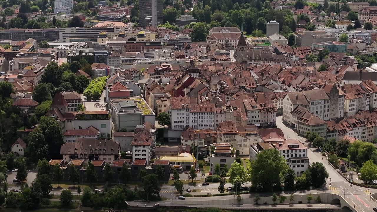 Aarau Old Town With Church And Upper Gate Tower In Aargau Canton, Switzerland. - aerial shot