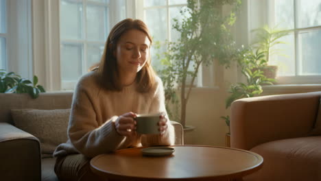 Woman Enjoying a Steaming Warm Drink in a Cozy Home
