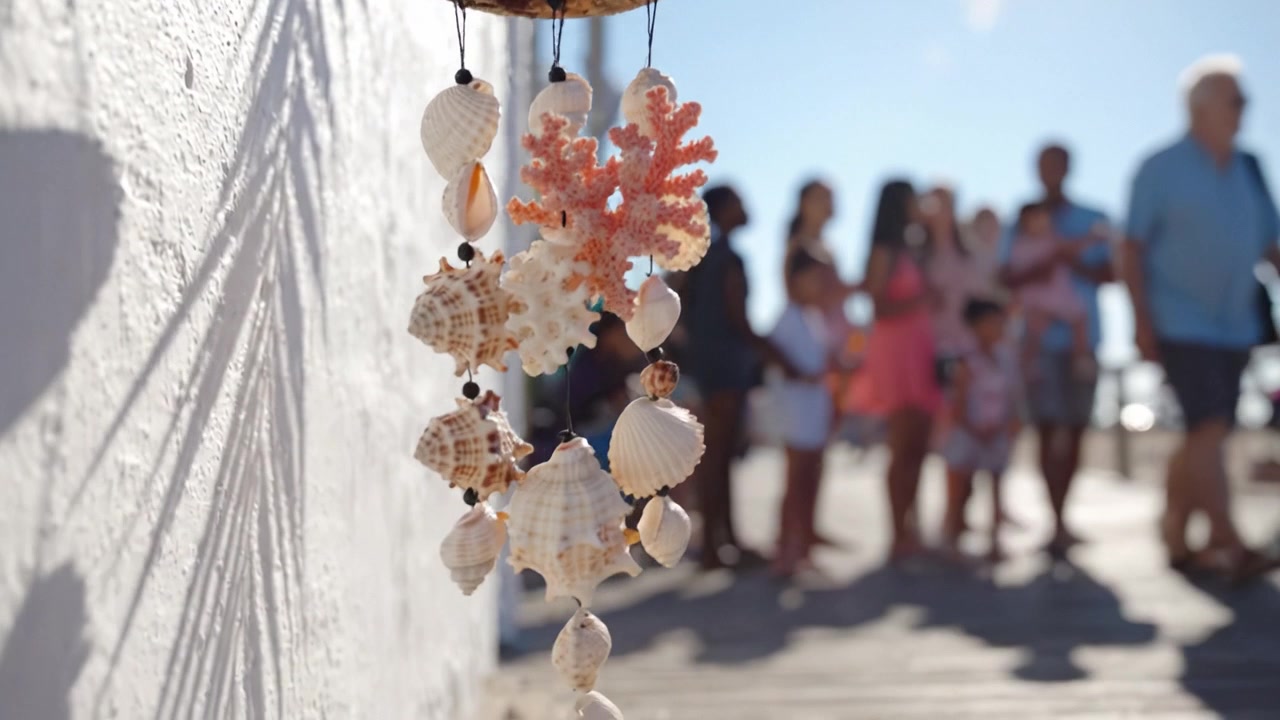 Móbile de Conchas Coloridas Pendurado Contra um Fundo Iluminado pelo Sol com Multidão Borrada de Banhistas, Ideal para Decoração Costeira e Vibrações de Verão.