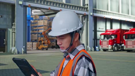 close up side view of asian male engineer with safety helmet working on a tablet while standing , outside of logistics distributions warehouse