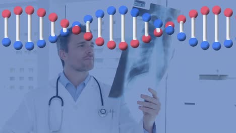 ⁇ 스레이를 들고 있는 백인 남성 의사 위에 있는 dna 가닥의 애니메이션