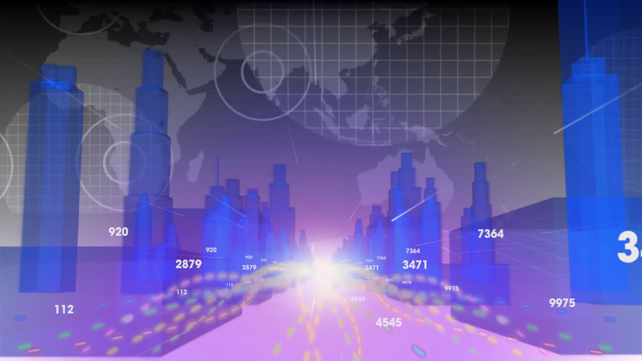 Digital cityscape with animation and data points overlaying futuristic world map
