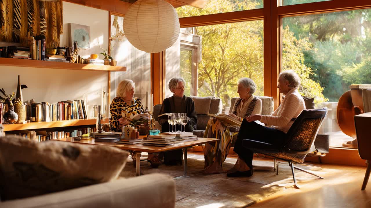 A Warm Gathering of Friends in a Sunlit Living Room: Four Seniors Engage in Meaningful Conversation Surrounded by Nature's Beauty and Cozy Decor