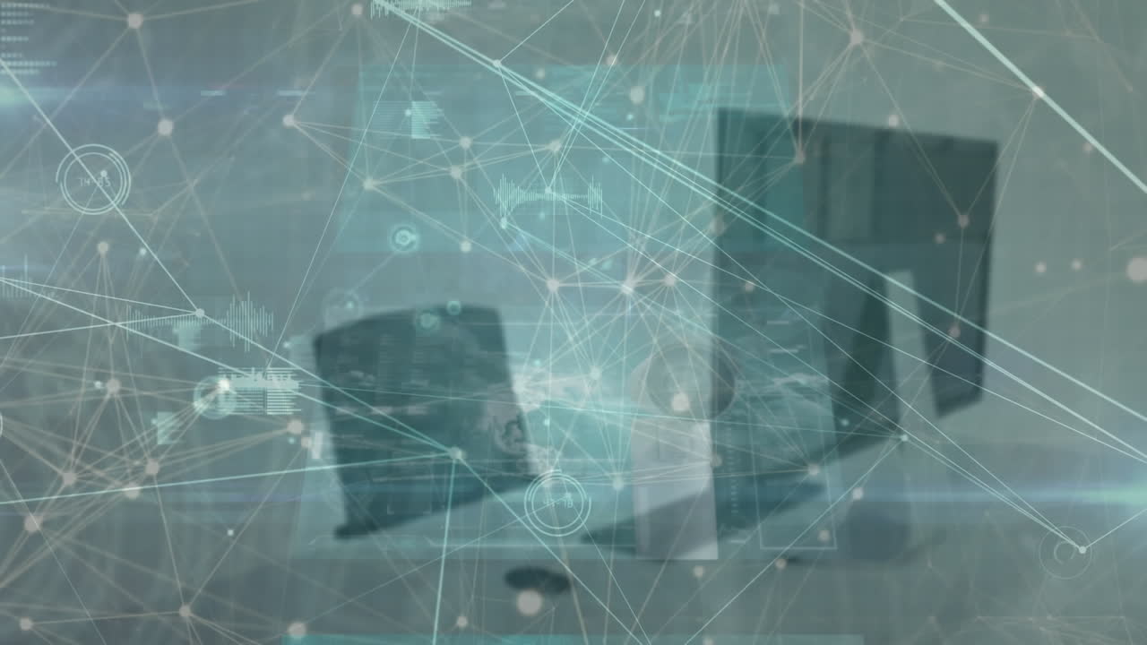 오피스 데스크에 대한 연결 네트워크 및 데이터 처리의 애니메이션