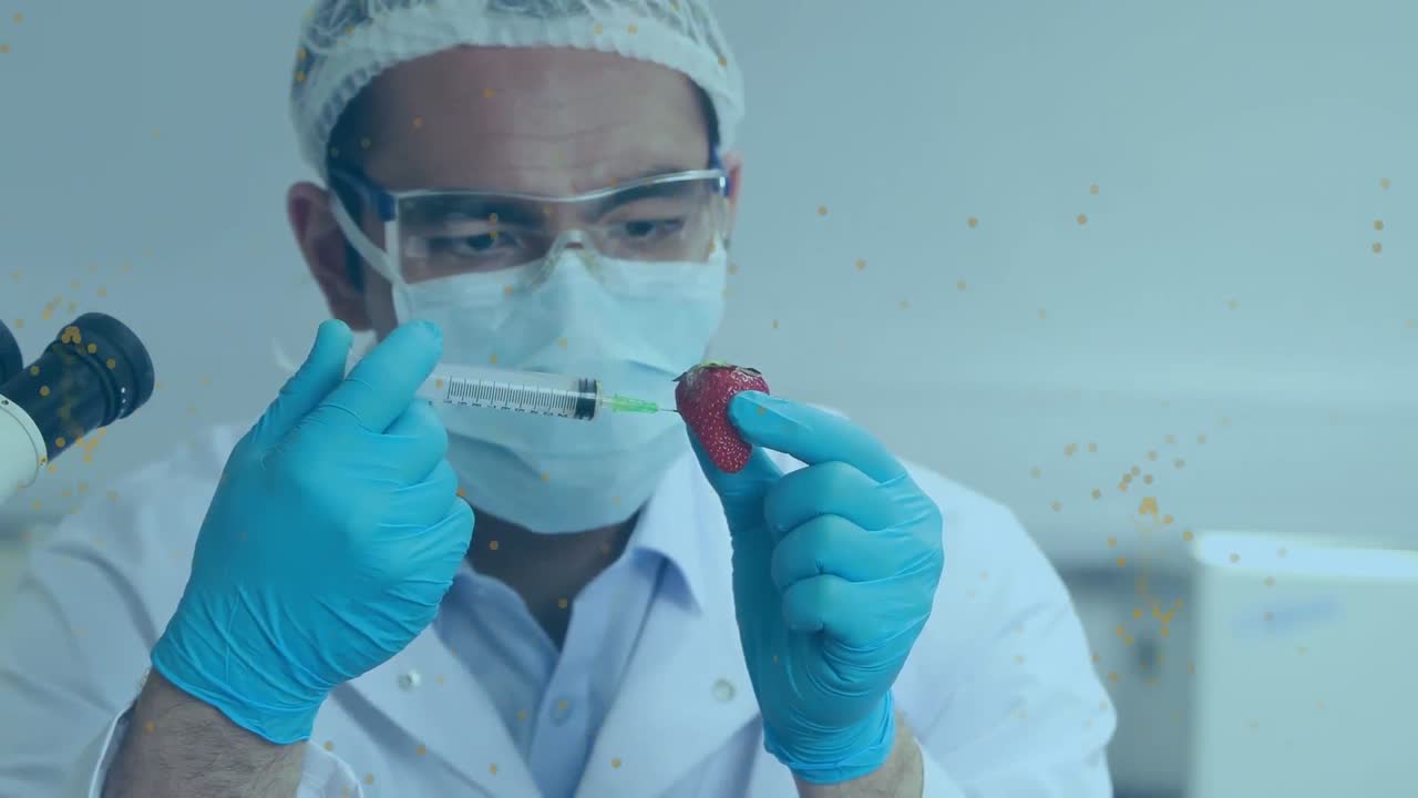 Animation of spots over caucasian male scientist vaccinating