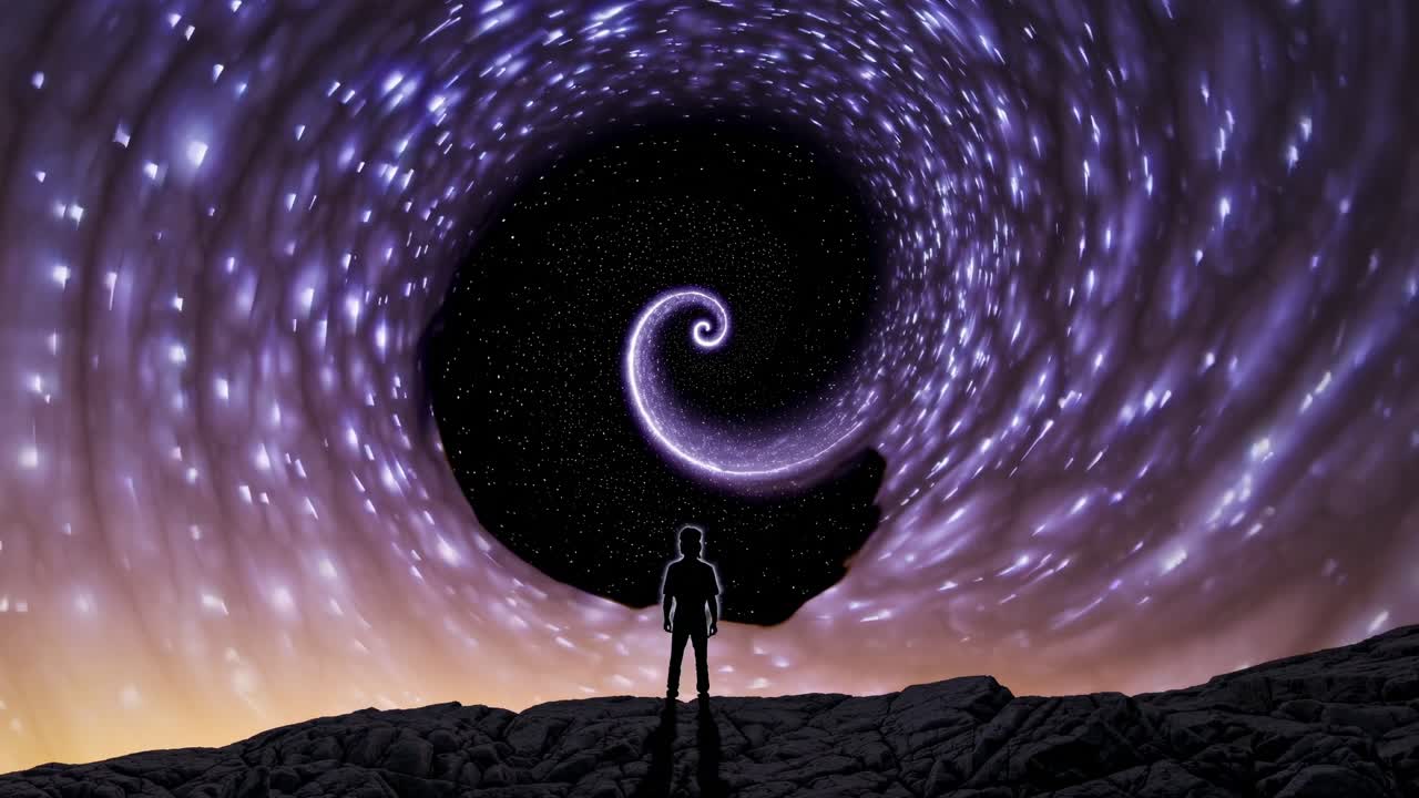 Silhouette rivolta verso un vortice a spirale cosmica