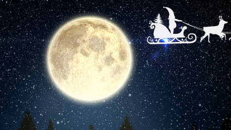 animation of santa claus in sleigh with reindeer over snow falling and sky with moon