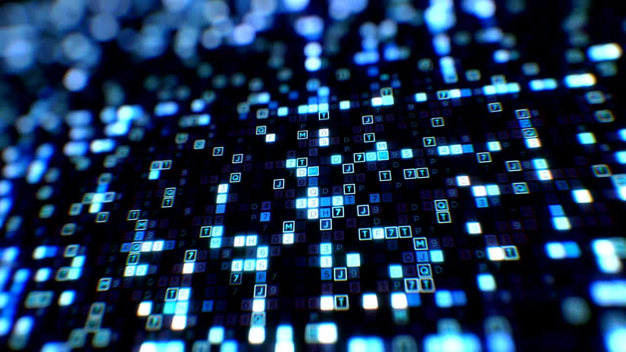 hermoso código digital hexadecimal grandes datos color azul sin fisuras. cambiando letras y números brillando en bucle animación 3d. concepto futurista de tecnología de información de negocios.