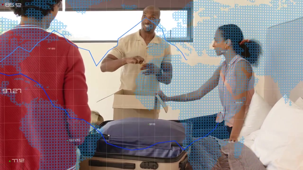Man opening box passing items as group packing suitcase with tech graphs growing, obscuring frame