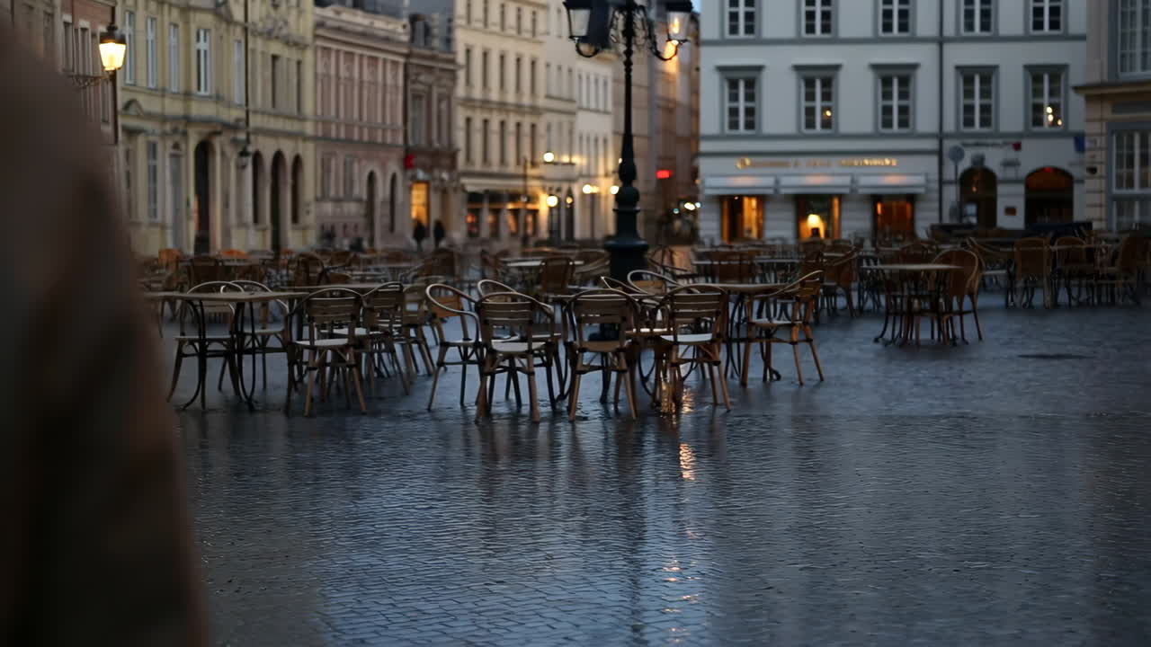 Deserted outdoor cafe in a city square at dusk after rain