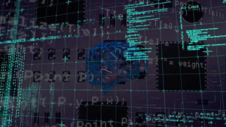 Animation of digital data processing over computer circuit board and grid